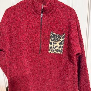 Red Fleece Jacket with Leopard Print Pocket